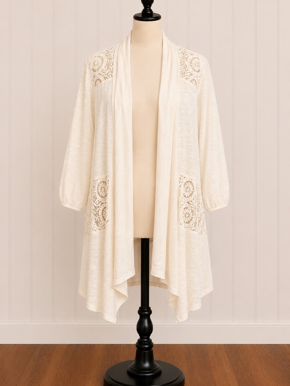 Simply Noelle Lace Trim Open-Front Cream Cardigan